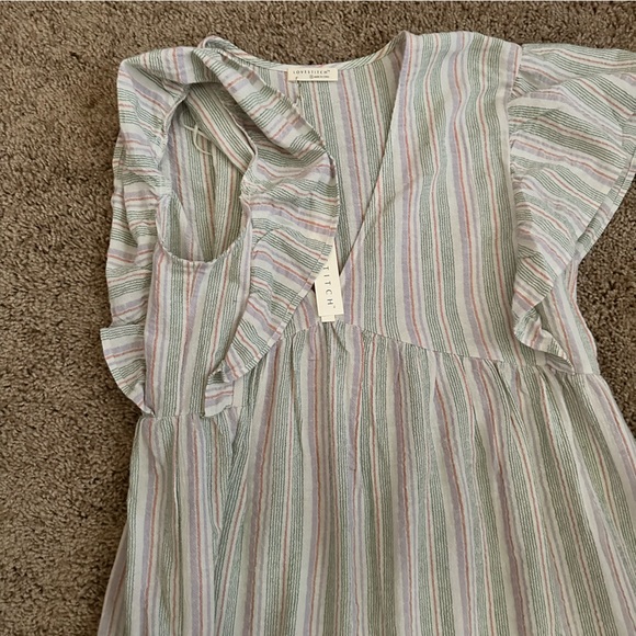 007.NWT Natural/Lilac/Green Stripe Babydoll V-Neck Dress - Picture 6 of 12
